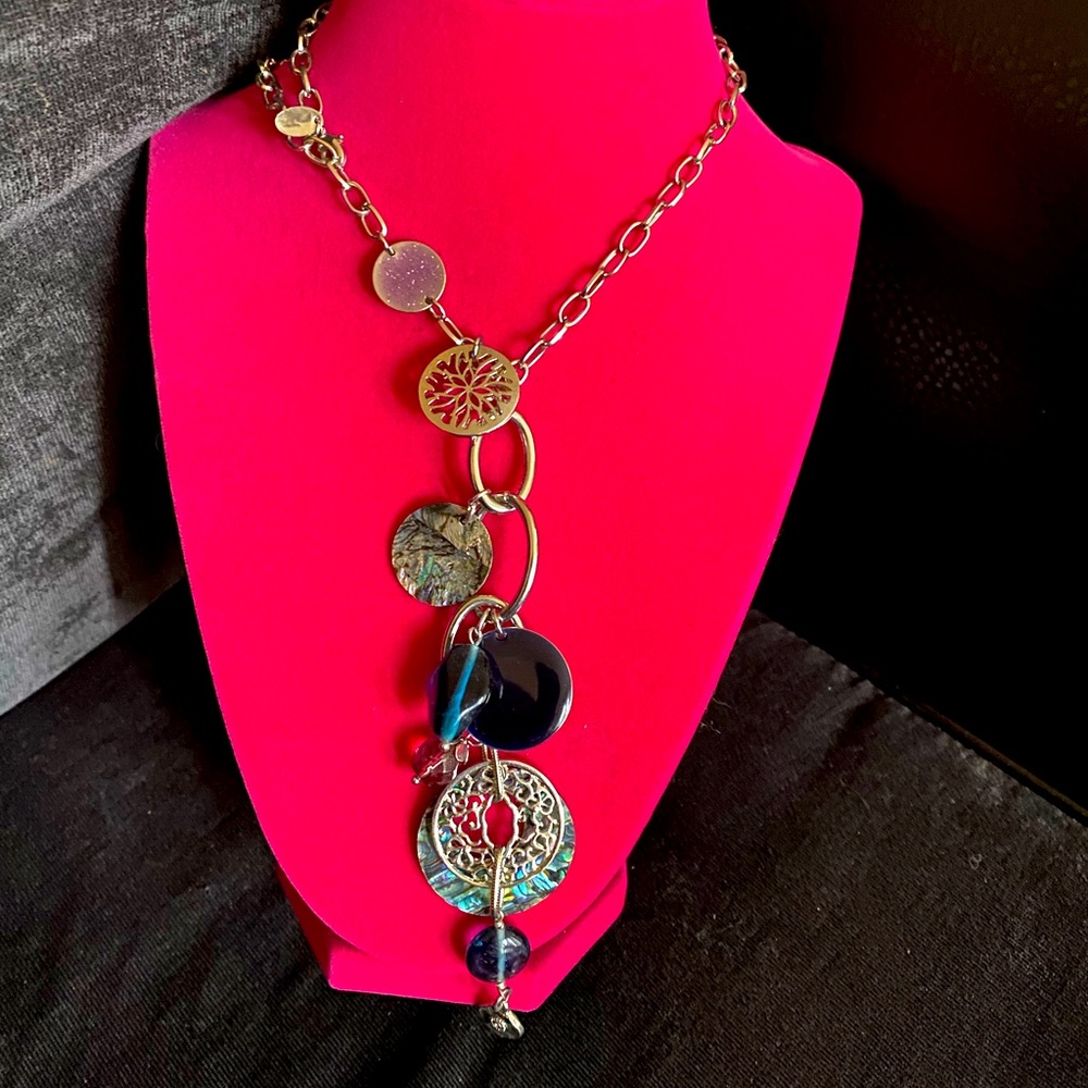 Lia Sophia Abalone Shell Statement Necklace | Blue Stone Pendant | Adjustable - Picture 2 of 4